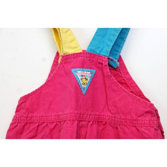 Vtg 90s Oshkosh Pink Colorblock Overalls girls 2T Dancing Bear Woven Flower USA - Picture 9 of 11